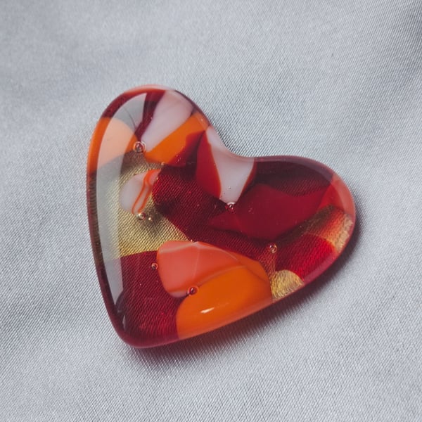 Fused Glass Pocket Heart - Deep red and coral