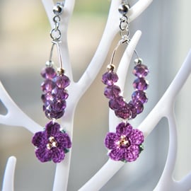 Microcrochet Purple Flowers Stud Drop Earrings 