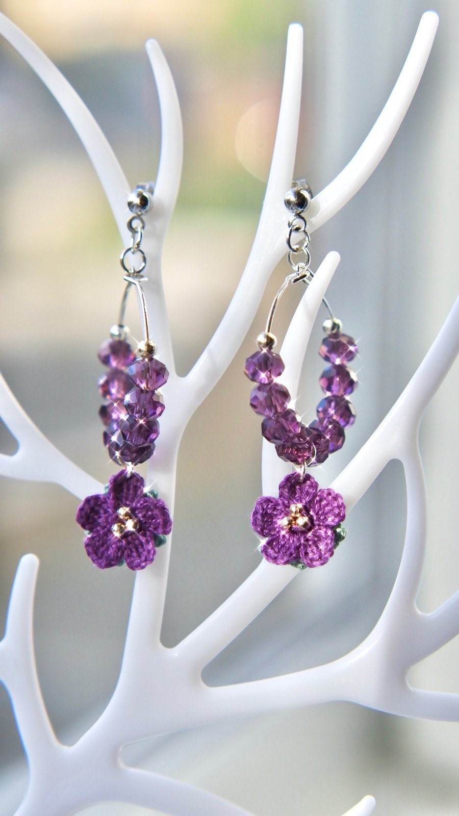 Microcrochet Purple Flowers Stud Drop Earrings 