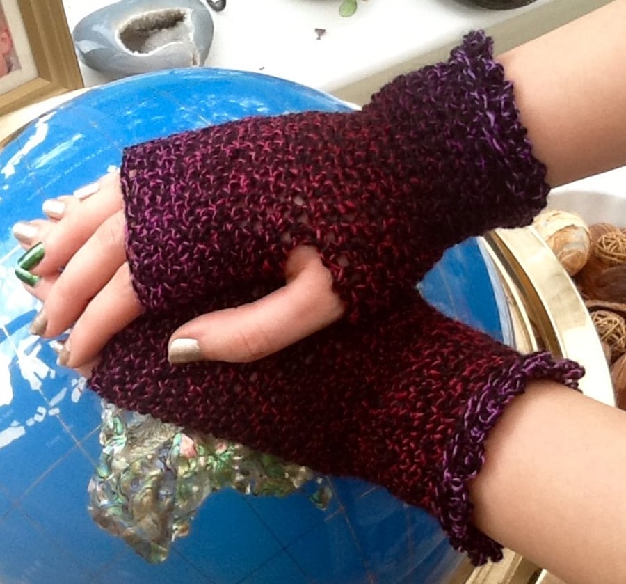 Winter Berry Crocheted Fingerless Mittens in Denys Brunton Designer Yarn.
