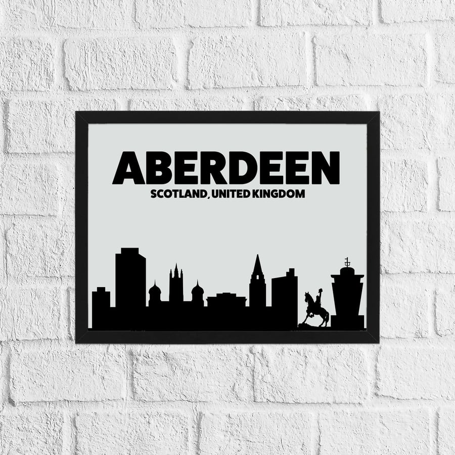 Skyline silhouette of Aberdeen, Scotland, UK, grey and black print, wall art
