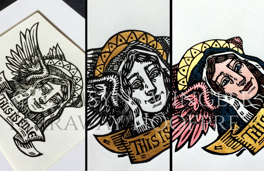 The Patron Saint of Brave Faces - Variations - Linoprint - Hand Coloured -
