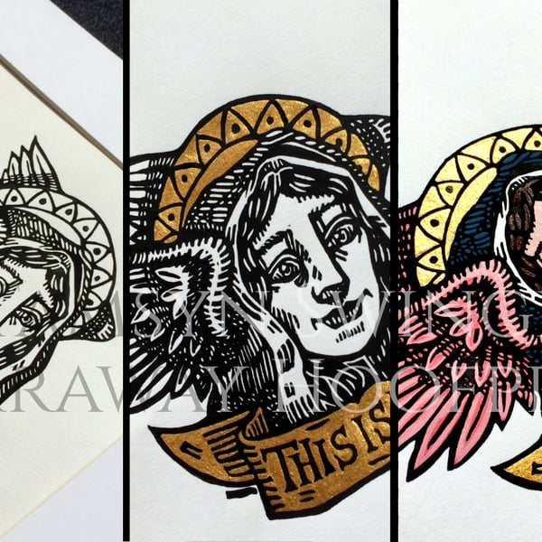 The Patron Saint of Brave Faces - Variations - Linoprint - Hand Coloured -