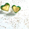 BRIGHT GREEN & GOLD HEART EARRINGS, handcrafted in Ming porcelain.free post U.K