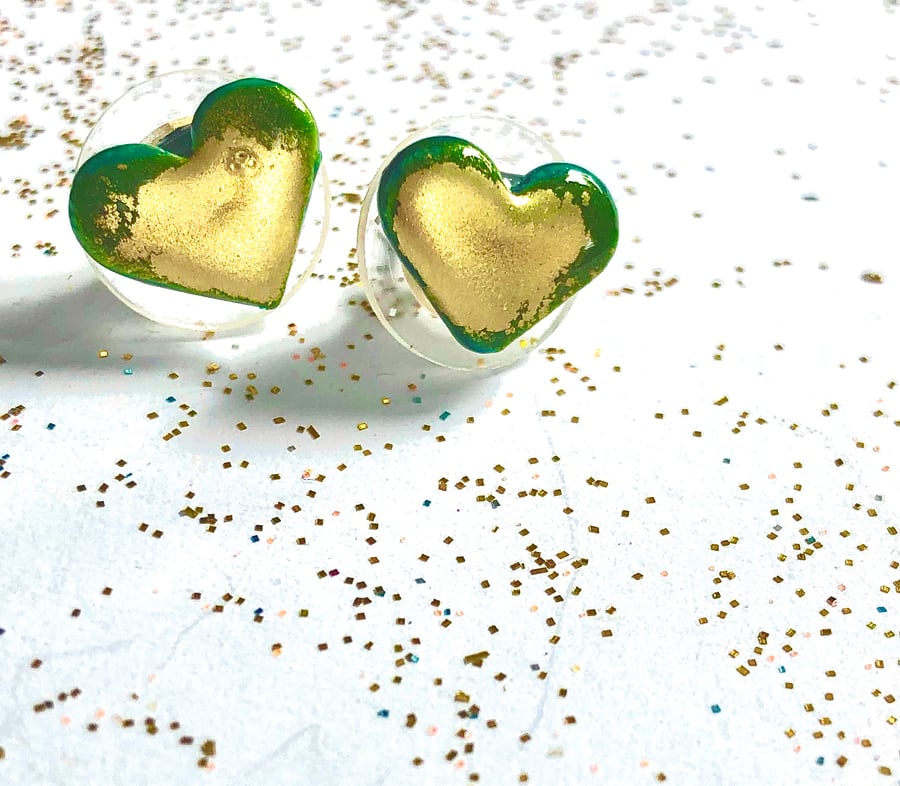 BRIGHT GREEN & GOLD HEART EARRINGS, handcrafted in Ming porcelain.free post U.K