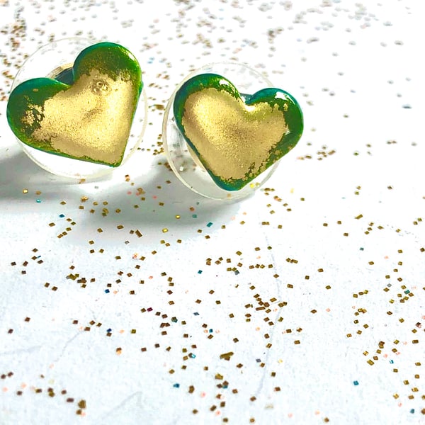 BRIGHT GREEN & GOLD HEART EARRINGS, handcrafted in Ming porcelain.free post U.K