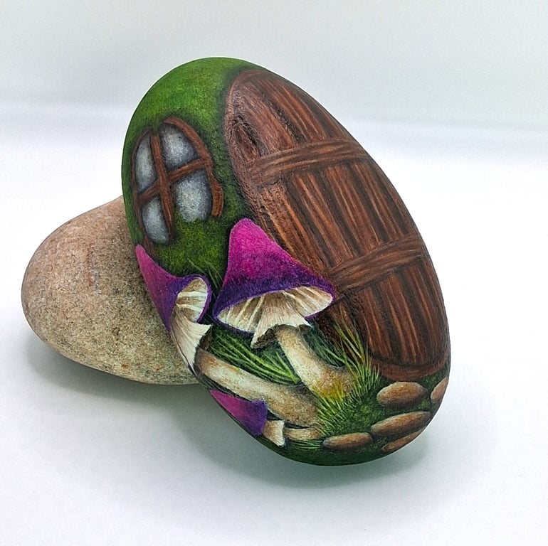Fairy Door Paperweight with Purple Mushrooms Rock Painting
