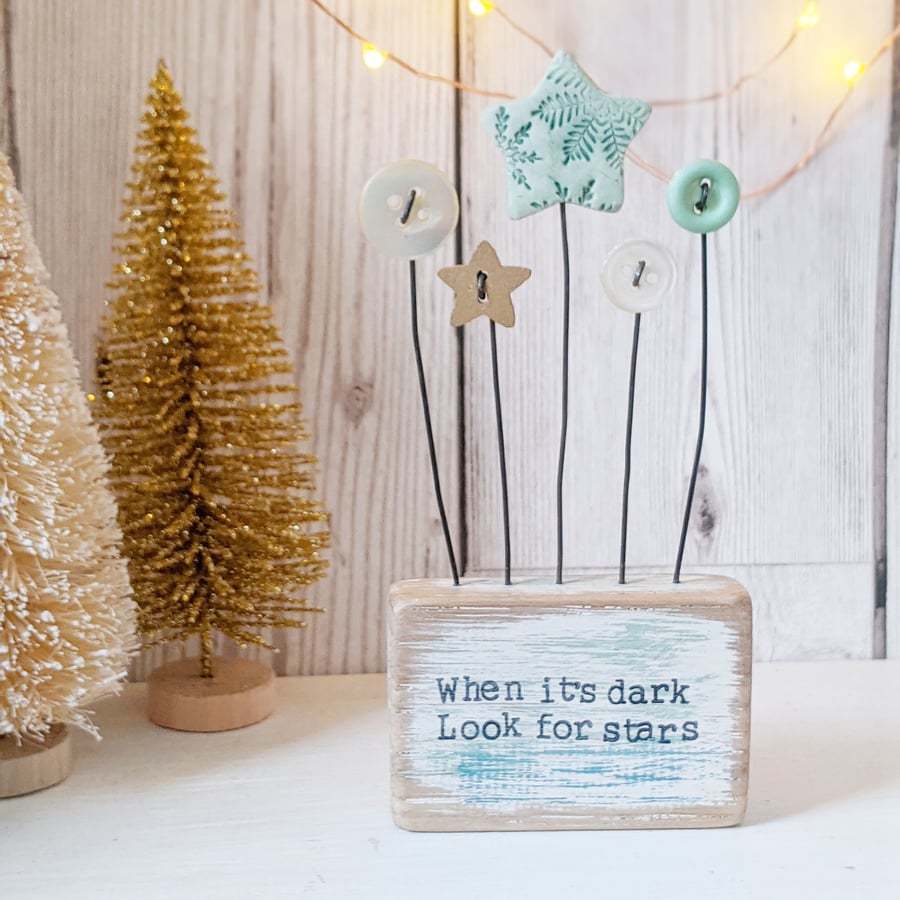  Clay Star and Buttons in a Painted Wood Block 'When it's dark Look for stars'