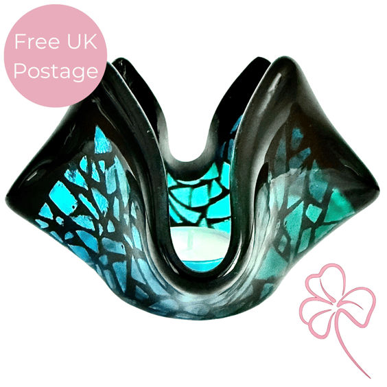 Handmade Blue Hues Fused Glass  Candle Holder