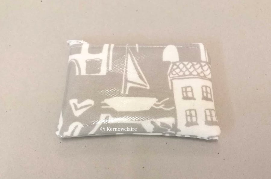 Coin purse in grey with coastal village pattern