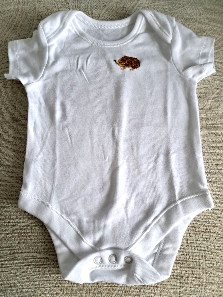 hedgehog, baby vest, age 6-9 months, hand embroidered