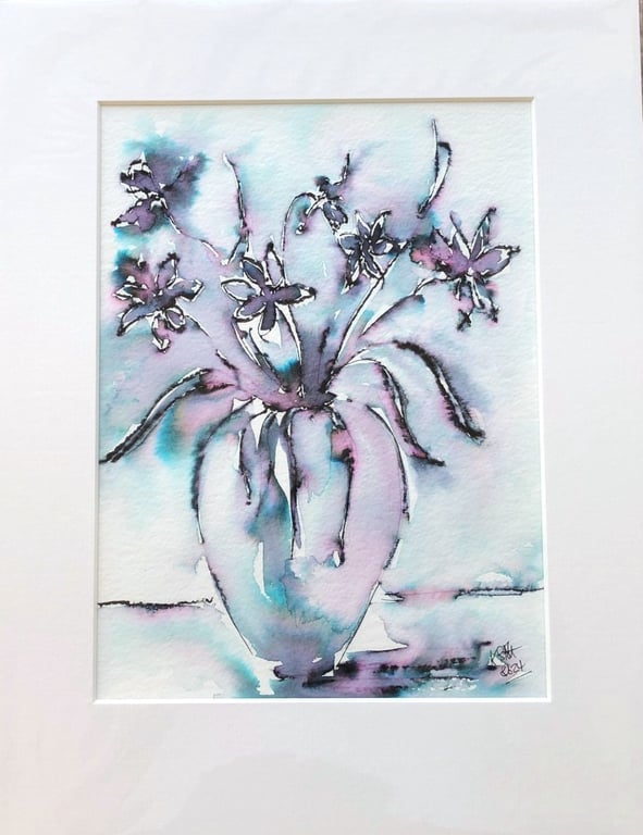 Painting of a Bowl of Blue and Purple Daffodils with Hints of Pink