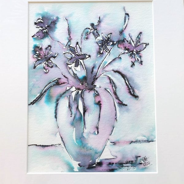 Painting of a Bowl of Blue and Purple Daffodils