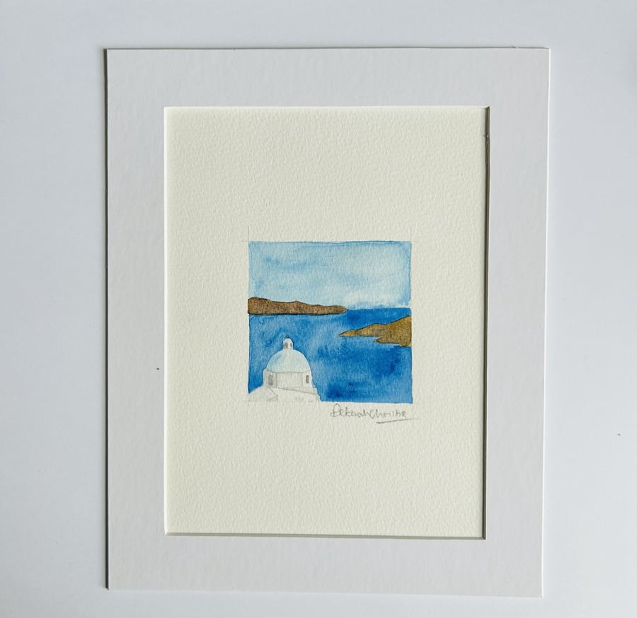Greek watercolour church and sea