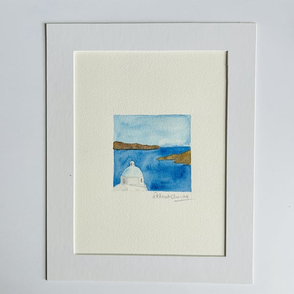 Greek watercolour church and sea