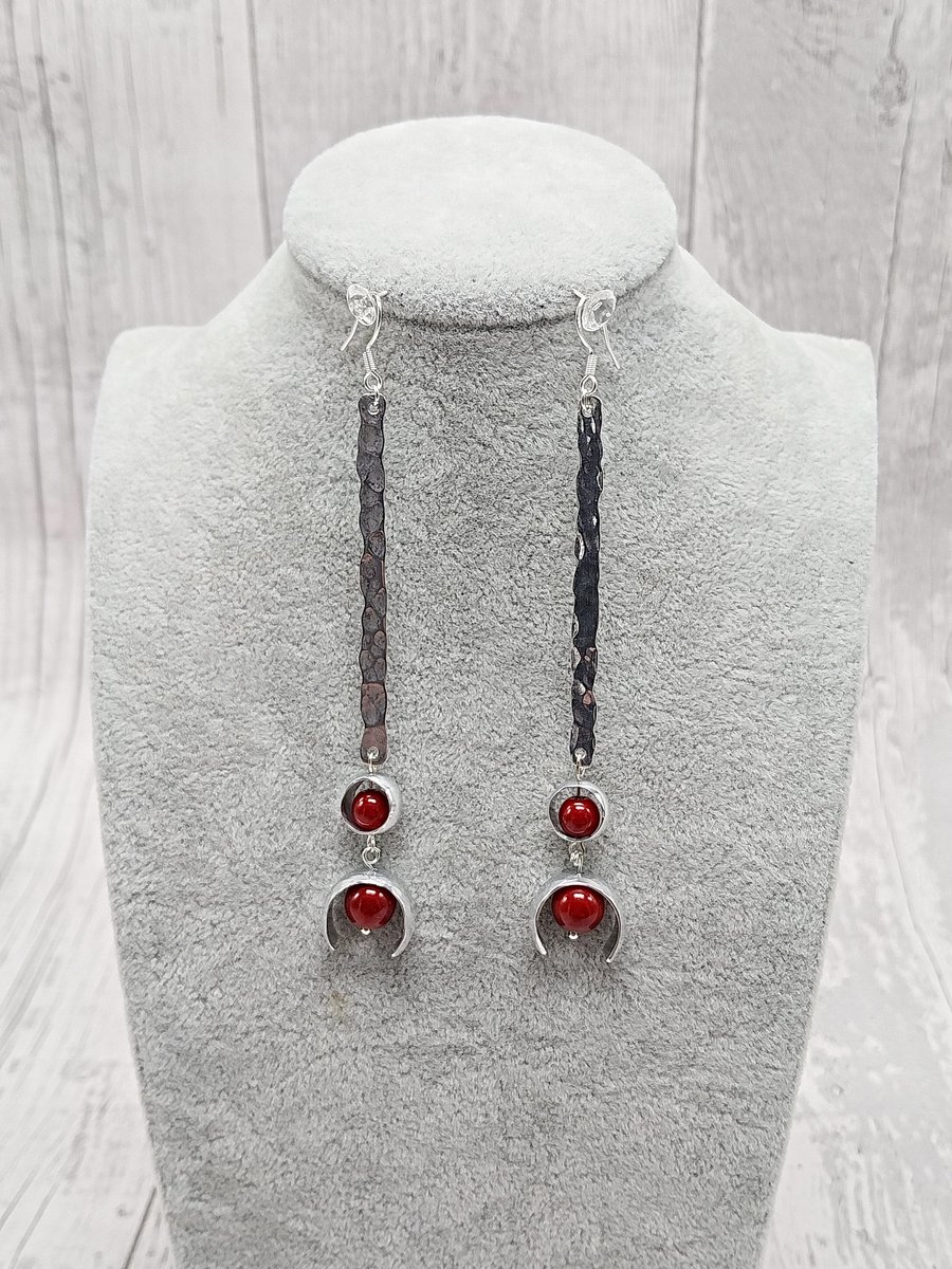 Aluminium Dangle Earrings, Upcycled Bracelet & New Metal Tube, Deep Red Beads