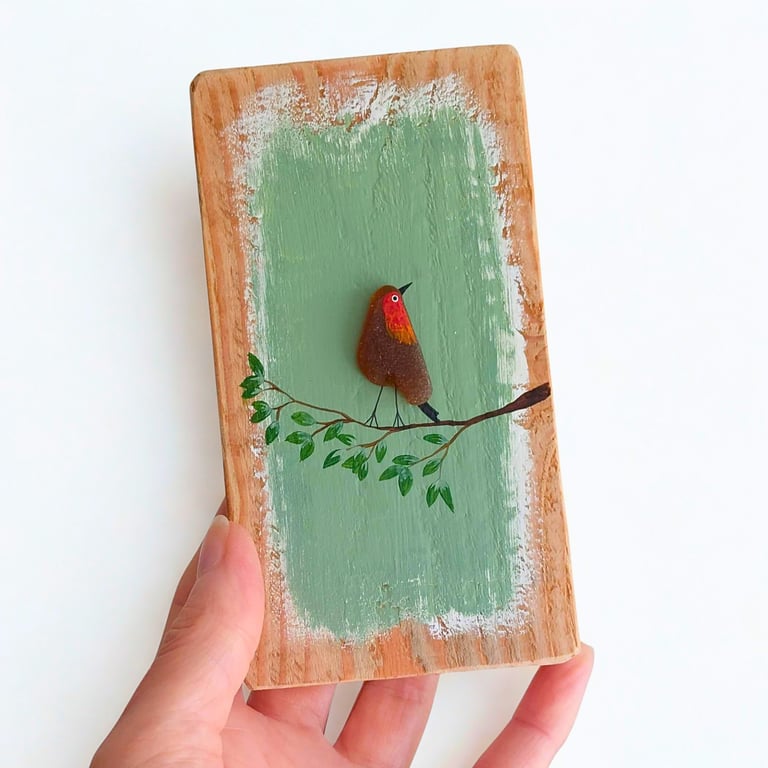 Handmade Sea Glass Robin Rustic Wall Art, Natural Décor, One-off Keepsake