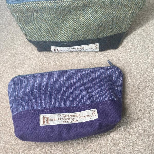 100% Wool Tweed Patchwork Pouches, lined with Zips. Various colours and designs