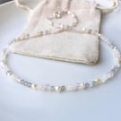 Beaded gemstone choker necklace with rose quartz labradorite moonstone pearl