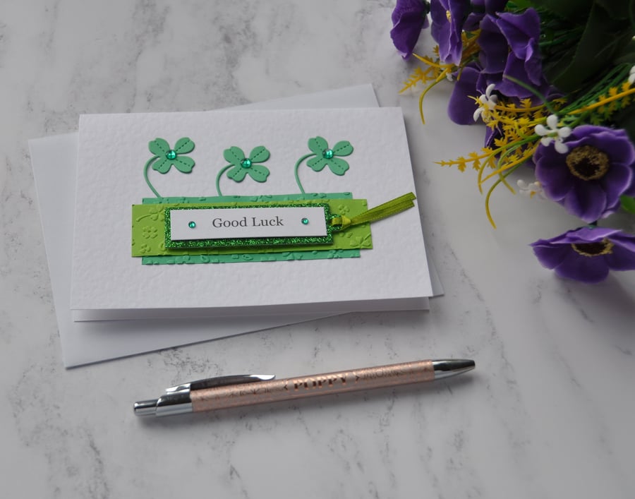 Good Luck Card Four Leaf Clovers Shamrocks Lucky Irish 3D Luxury Handmade 