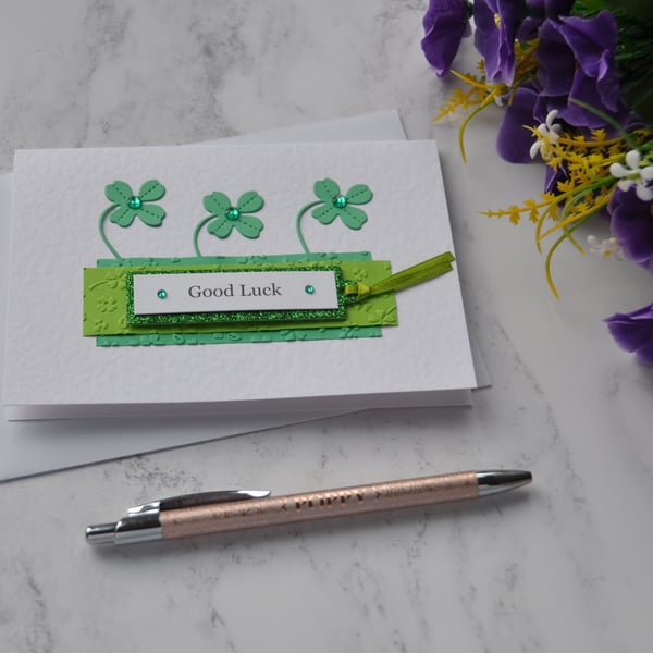 Good Luck Card Four Leaf Clovers Shamrocks Lucky Irish 3D Luxury Handmade 