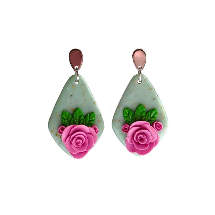 Rose Earrings, Green and Pink Drop Earrings, Summer Jewellery