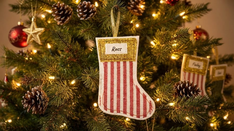 Image of Personalised Christmas stocking hanging tree decoration 