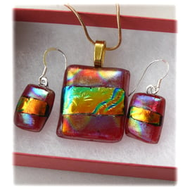 Dichroic Glass Pendant Earring Set 074 Red Gold  with gold plated chain