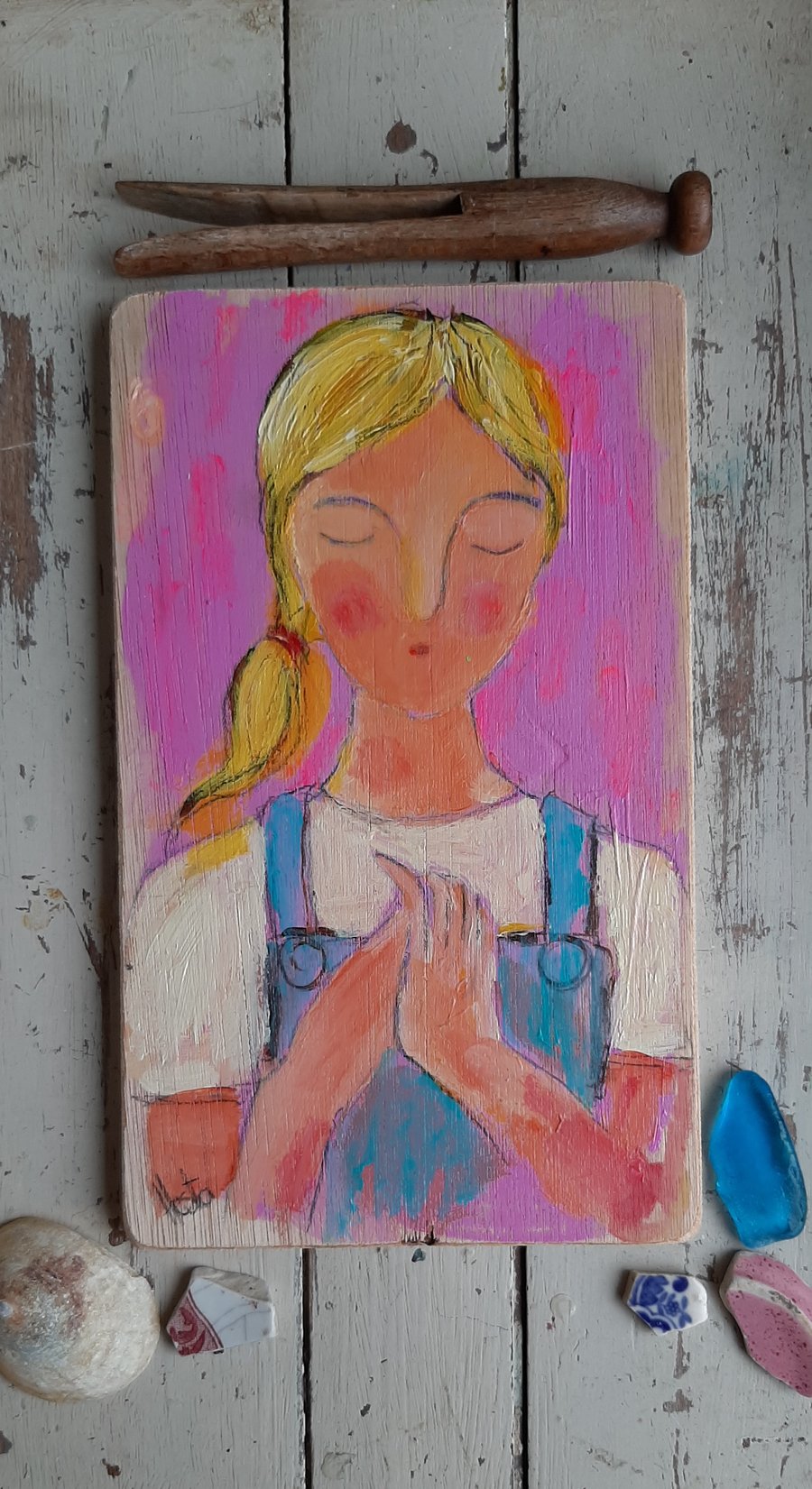 Small contemporary painting girl on reclaimed wood 