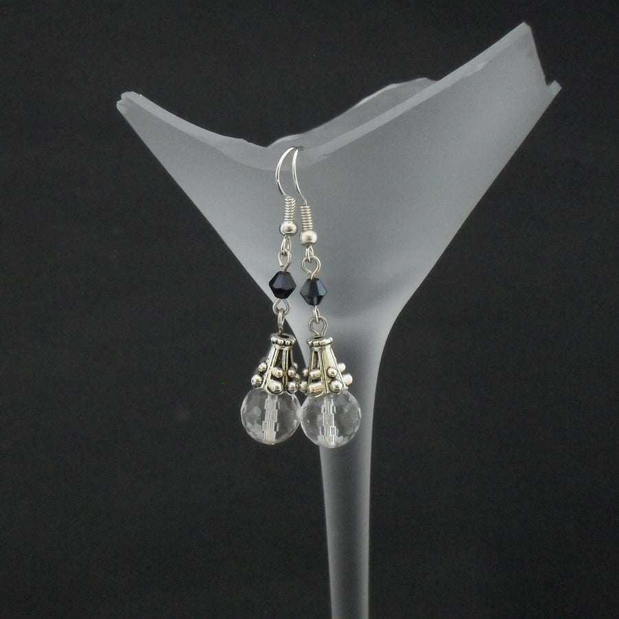 Clear quartz, jet black crystal and tibetan silver earrings