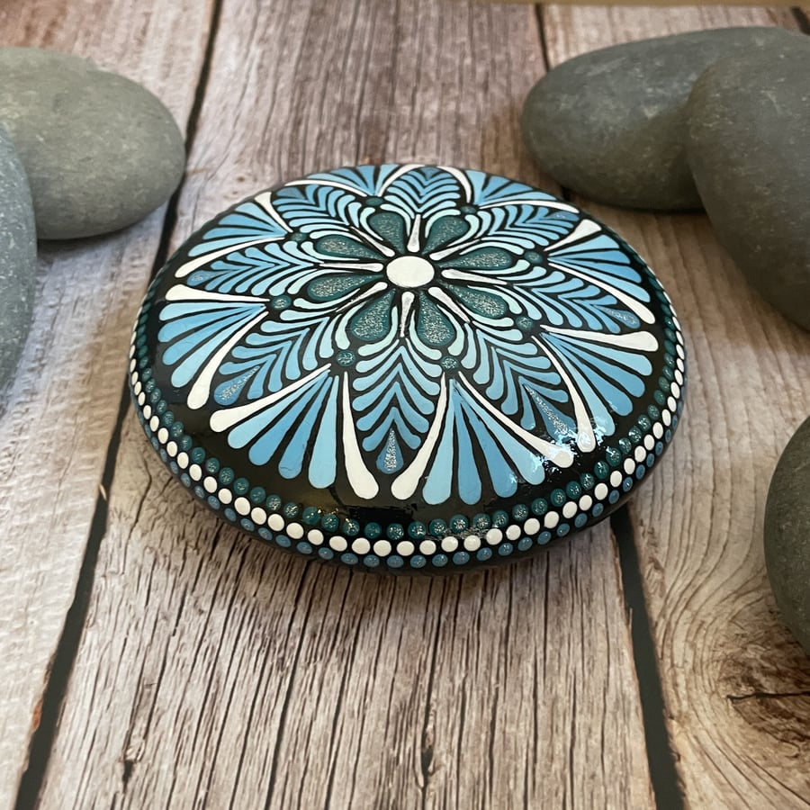 Blue Mandala Painted Rock Art Stone Acrylic Art Painting Hand Painted Unique