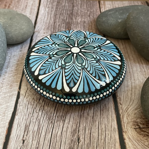 Blue Mandala Painted Rock Art Stone Acrylic Art Painting Hand Painted Unique