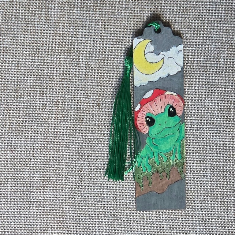 Whimsical Frog with Mushroom Hat Hand Painted Wood Bookmark
