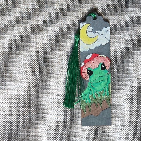 Whimsical Frog with Mushroom Hat Hand Painted Wood Bookmark
