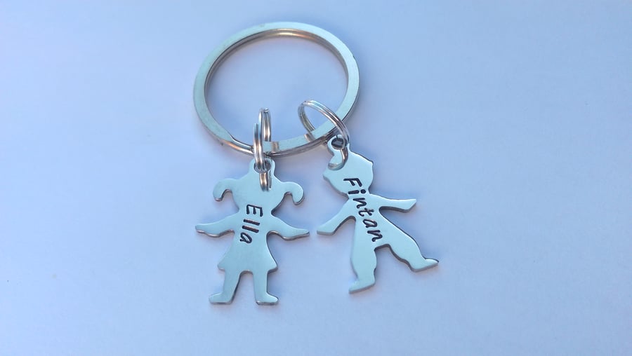 Hand Stamped personalised Boy Girl figure silhouette name keyring