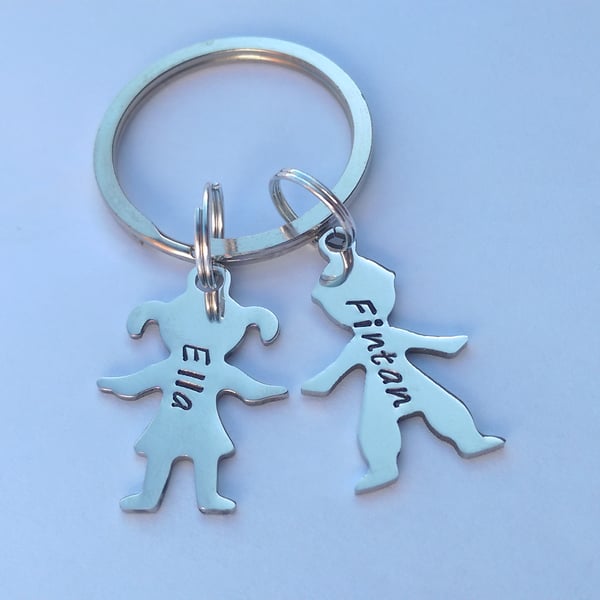 Hand Stamped personalised Boy Girl figure silhouette name keyring