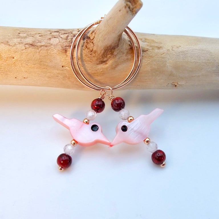Shell Bird & Rose Gold Hoop Earrings, Birthday, Anniversary, Gifts For Her