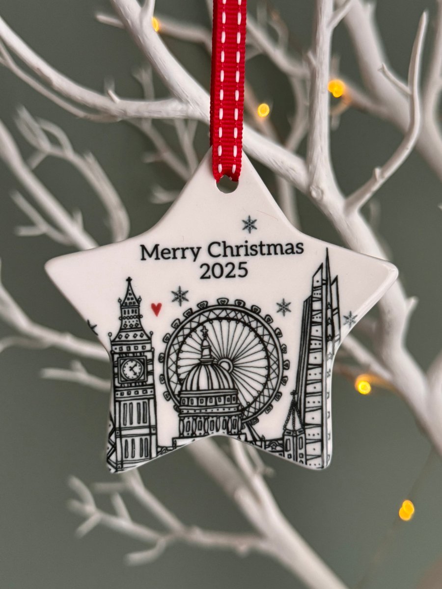 Merry Christmas 2025 Star Illustrated London Ceramic Decoration