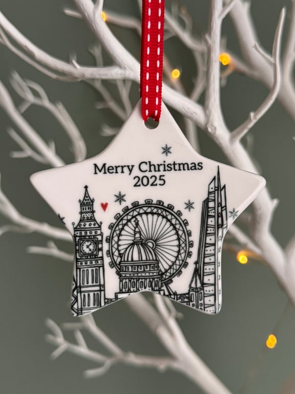 Merry Christmas 2025 Star Illustrated London Ceramic Decoration