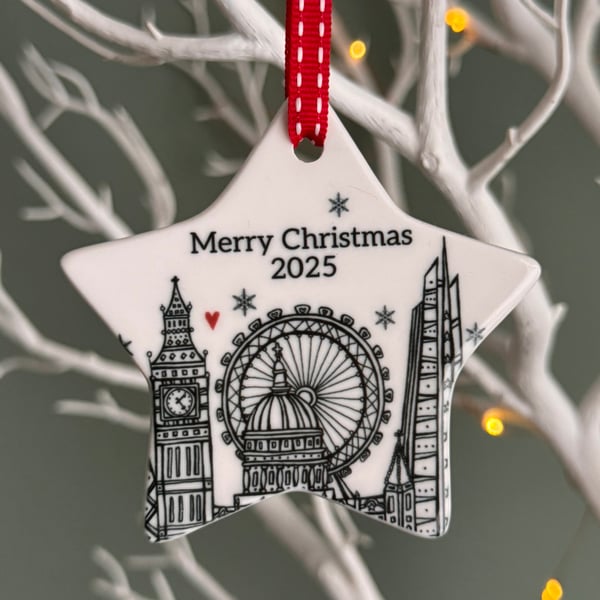 Merry Christmas 2025 Star Illustrated London Ceramic Decoration