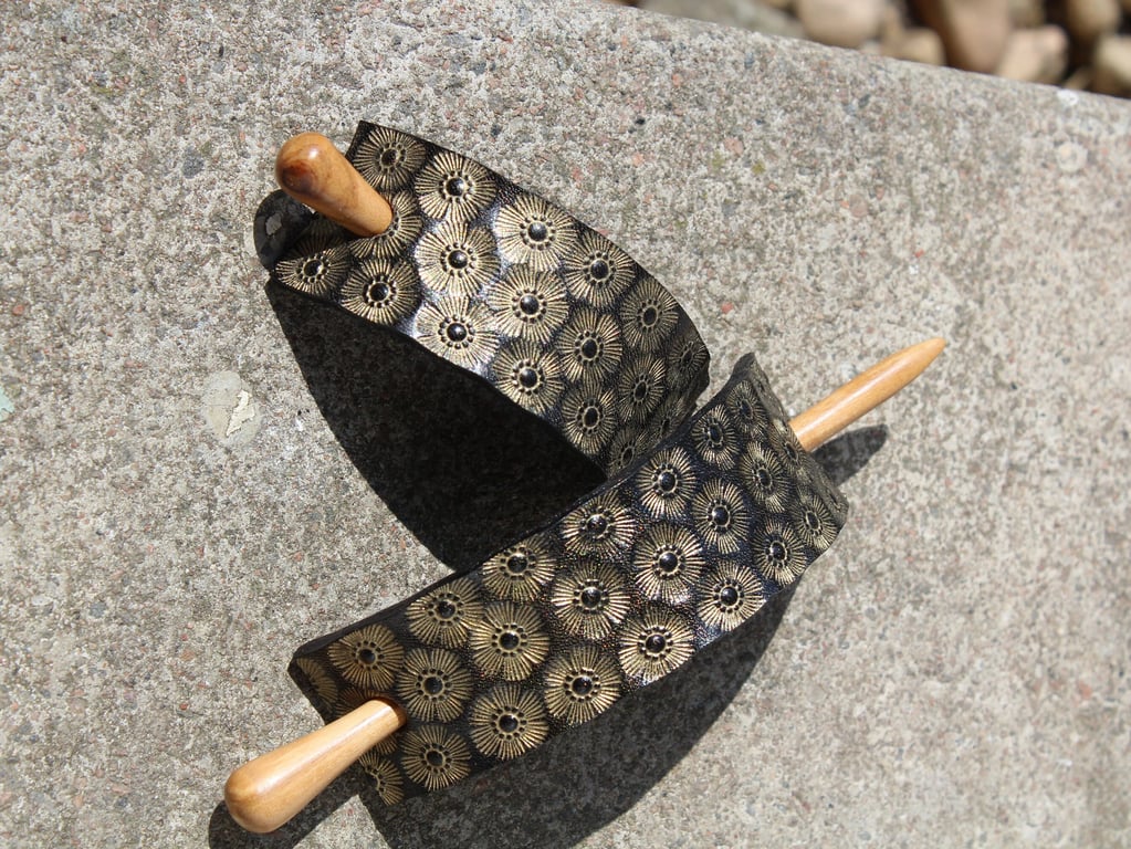 Handmade Leather Hair Stick Barrette, Stamped Golden Flower Design Real Leather 