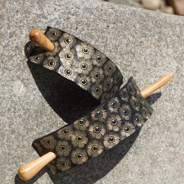 Handmade Leather Hair Stick Barrette, Stamped Golden Flower Design Real Leather 