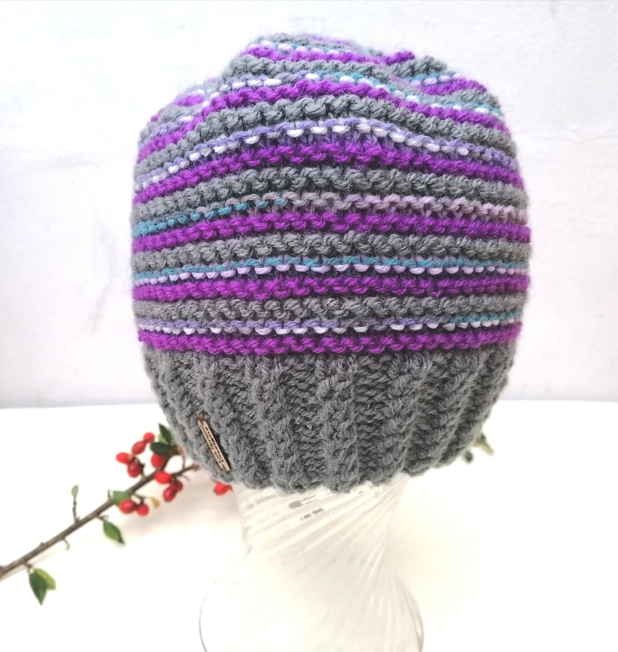 Stripy Hand Knitted Beanie Hat 