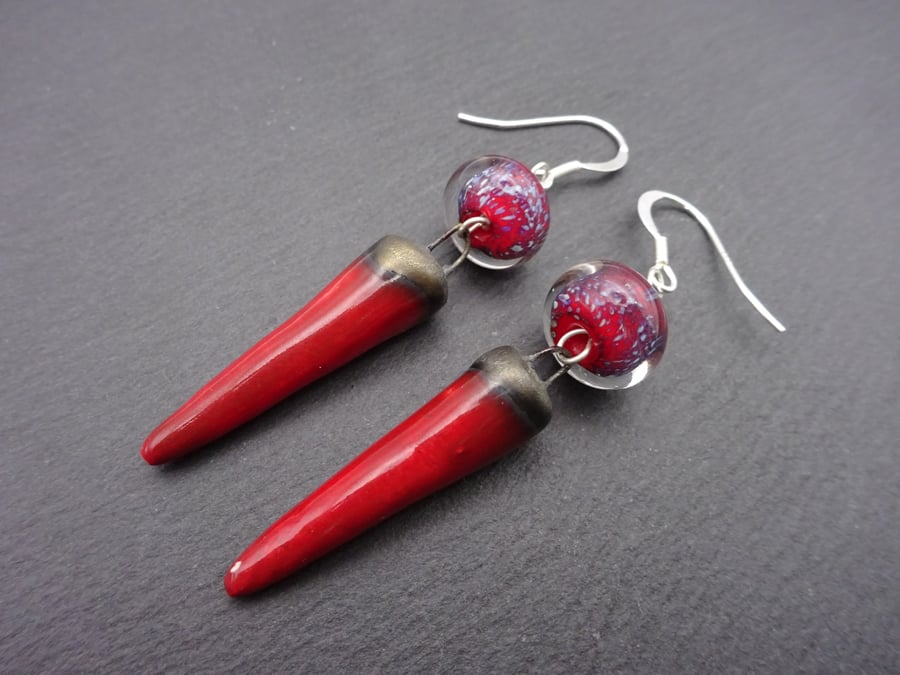 red lampwork glass and ceramic spike earrings
