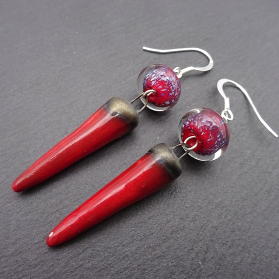 red lampwork glass and ceramic spike earrings