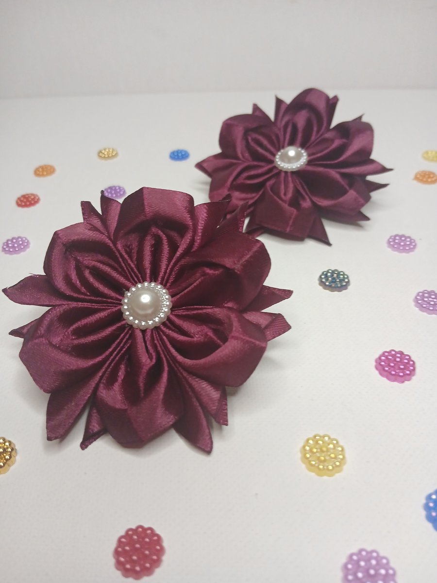 Maroon Satin Ribbon Flower Hair Accessory– Handmade Elastic Hairband