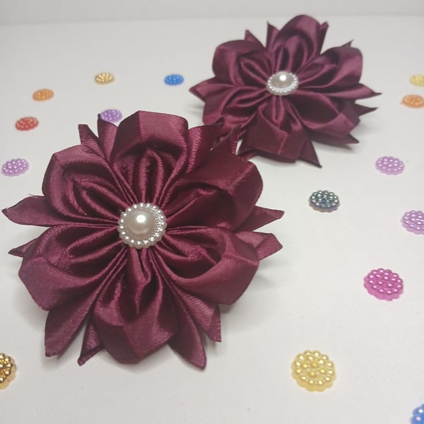 Maroon Satin Ribbon Flower Hair Accessory– Handmade Elastic Hairband