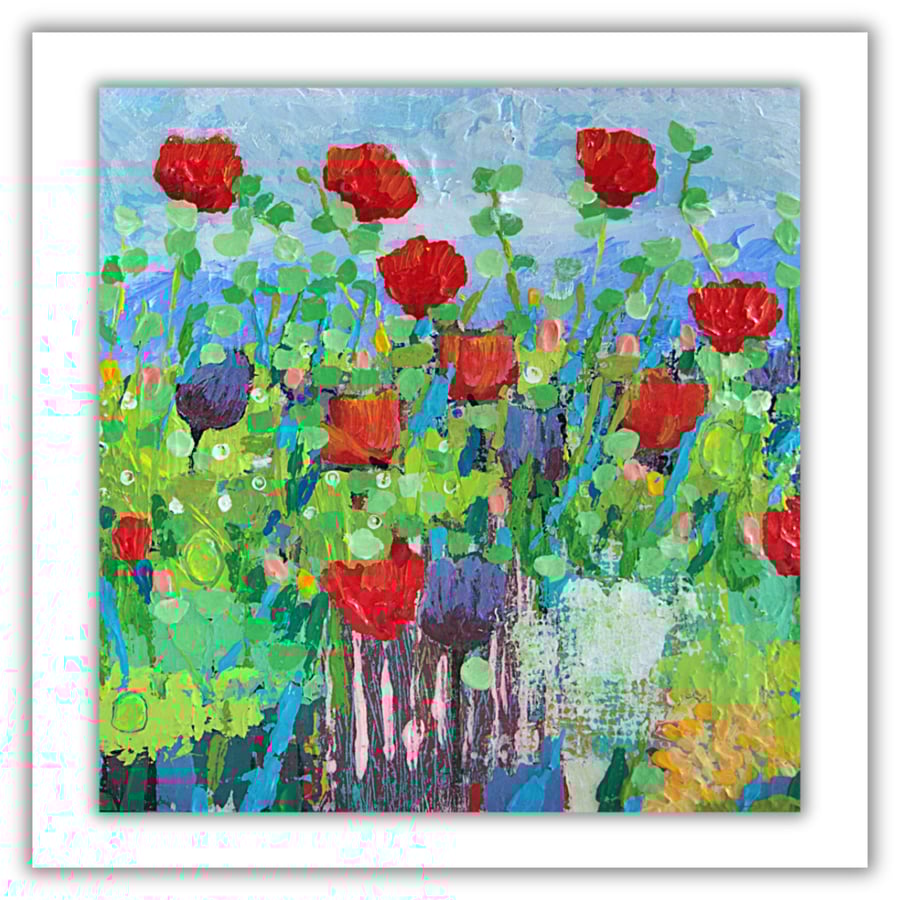 Original wildflower painting - acrylics - ready to hang - red poppies - impasto