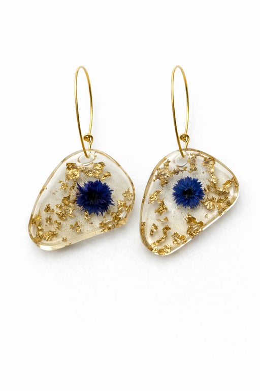 Dark Blue Flower Resin Earrings with Gold Leaf – Asymmetrical Dangle