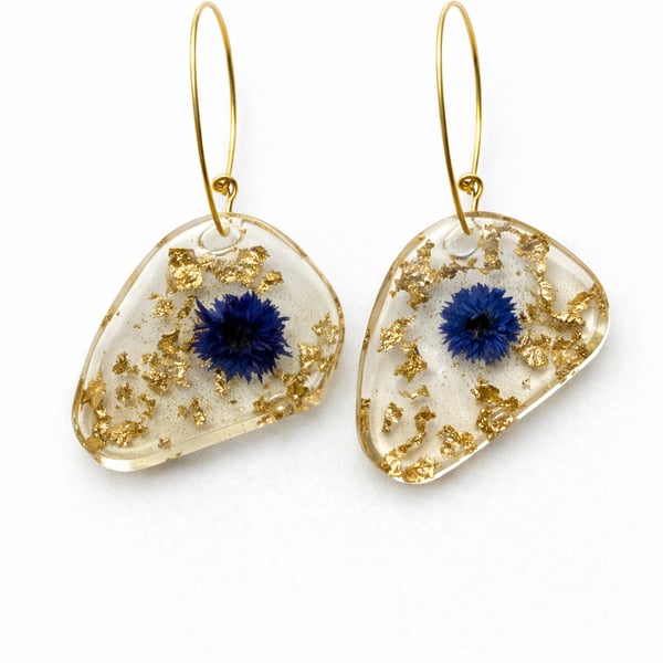 Dark Blue Flower Resin Earrings with Gold Leaf – Asymmetrical Dangle
